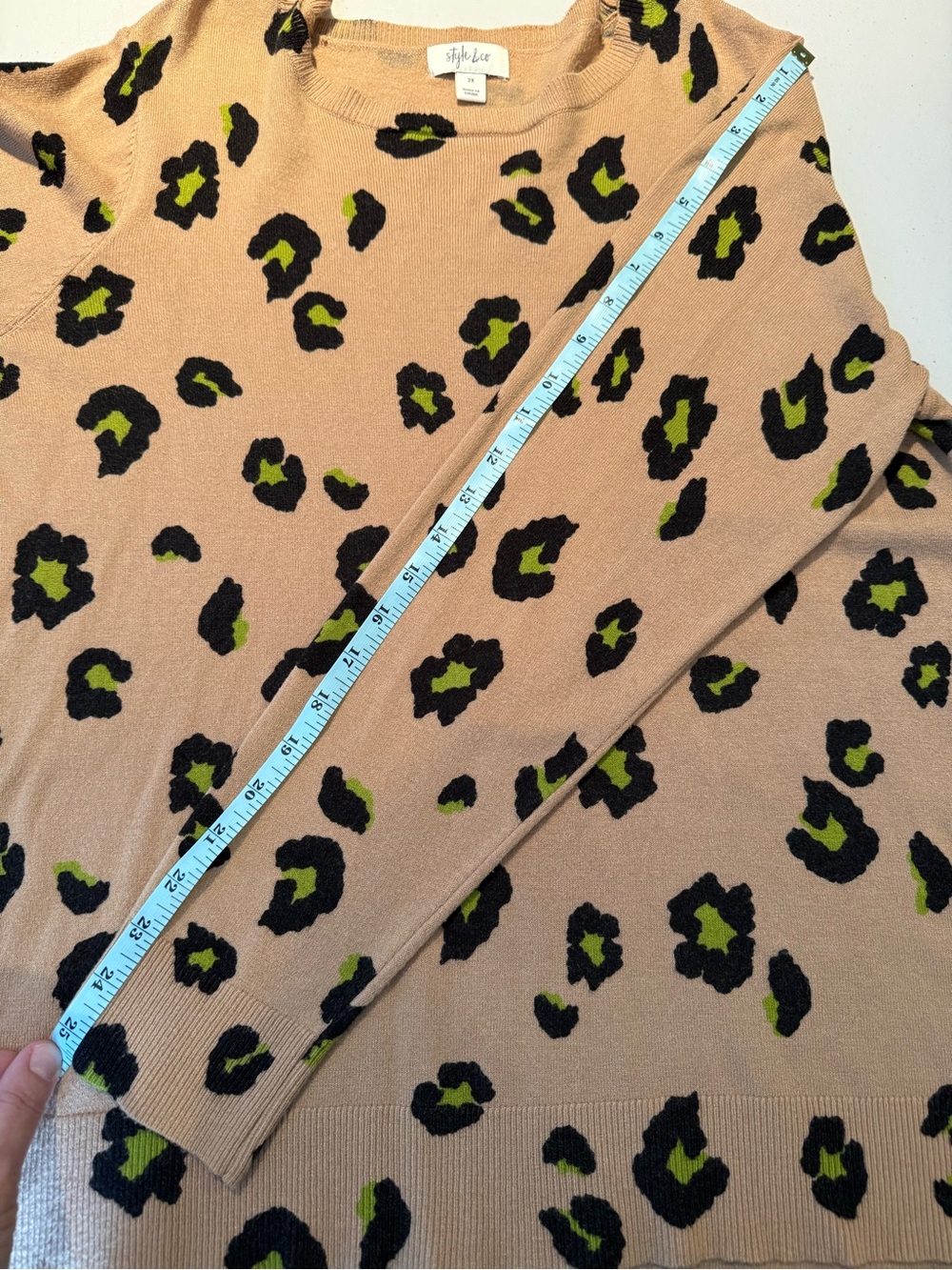 Style & Co. Beige Leopard Crewneck Sweater with Black and Lime Green Spots (2X) - Picture 8 of 9